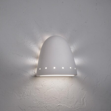 Small Round top Ceramic Back lit Wall Light with Row of Holes Along Bottom of Fixture in paintable White Bisque Finish, LED Bulb Included